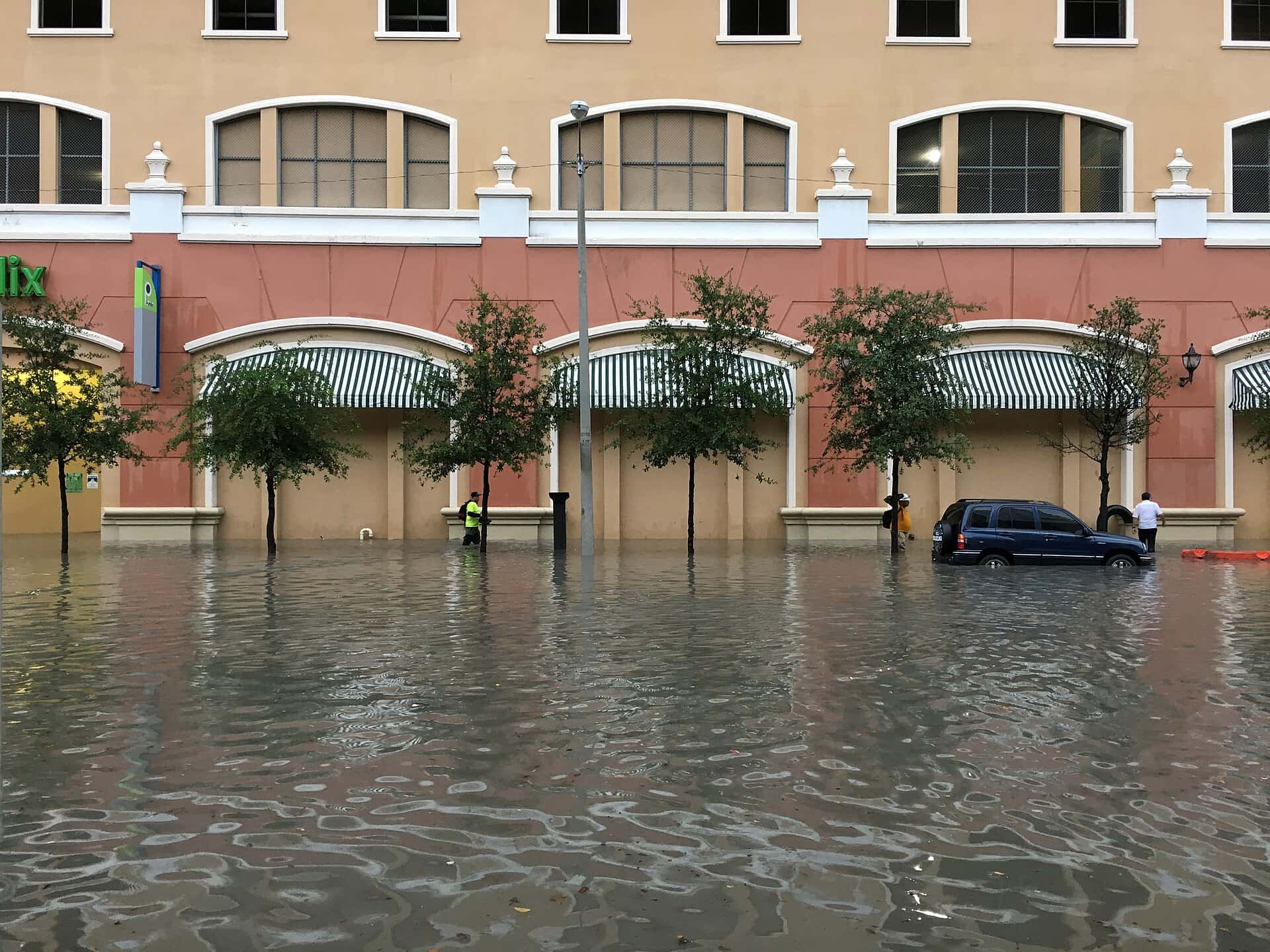 Floodwater covers a street in Miami's Brickell neighborhood after heavy rain